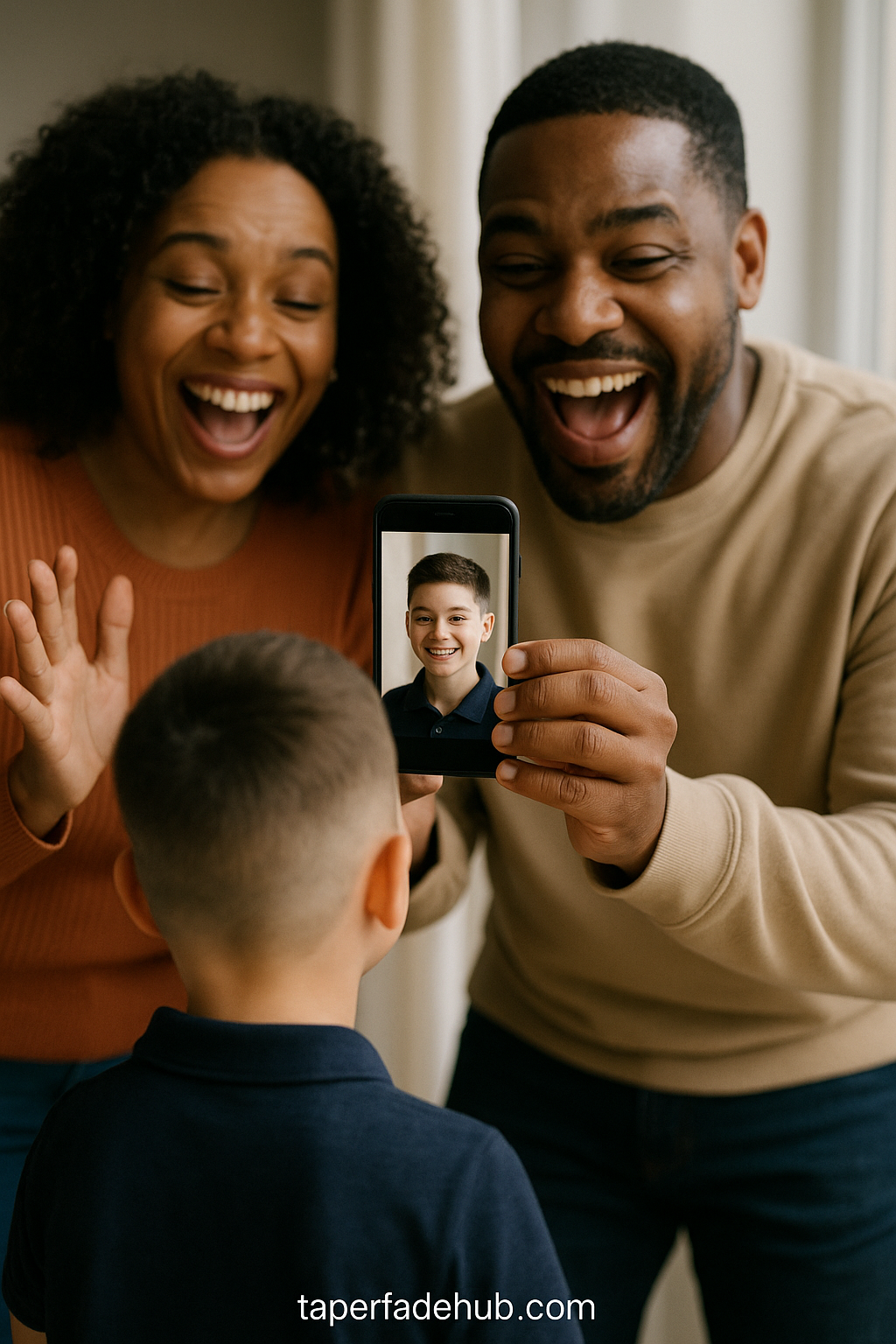 Parent taking photo of child's new haircut