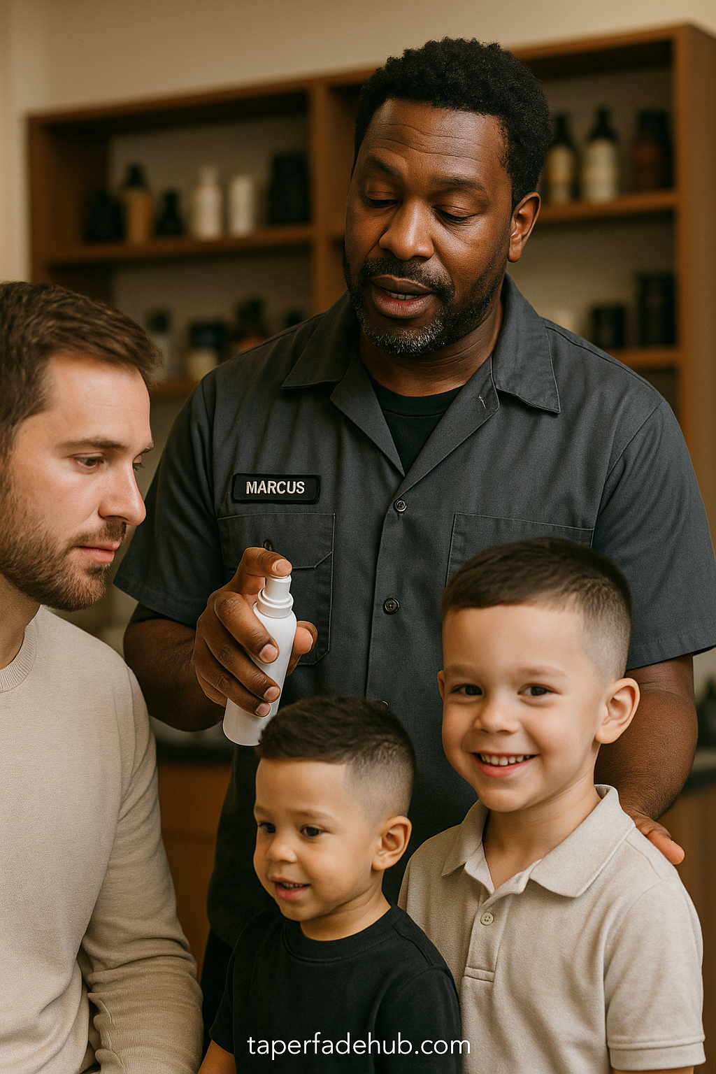 Barber demonstrating maintenance tips to parent