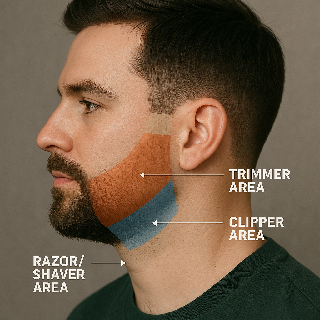 Beard fade zones diagram showing high-contrast, transition, and bulk areas
