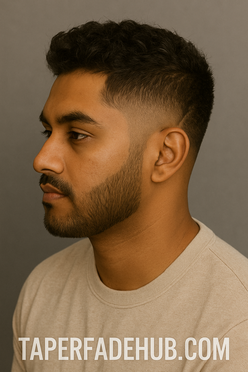 South Asian burst fade haircut with sharp beard