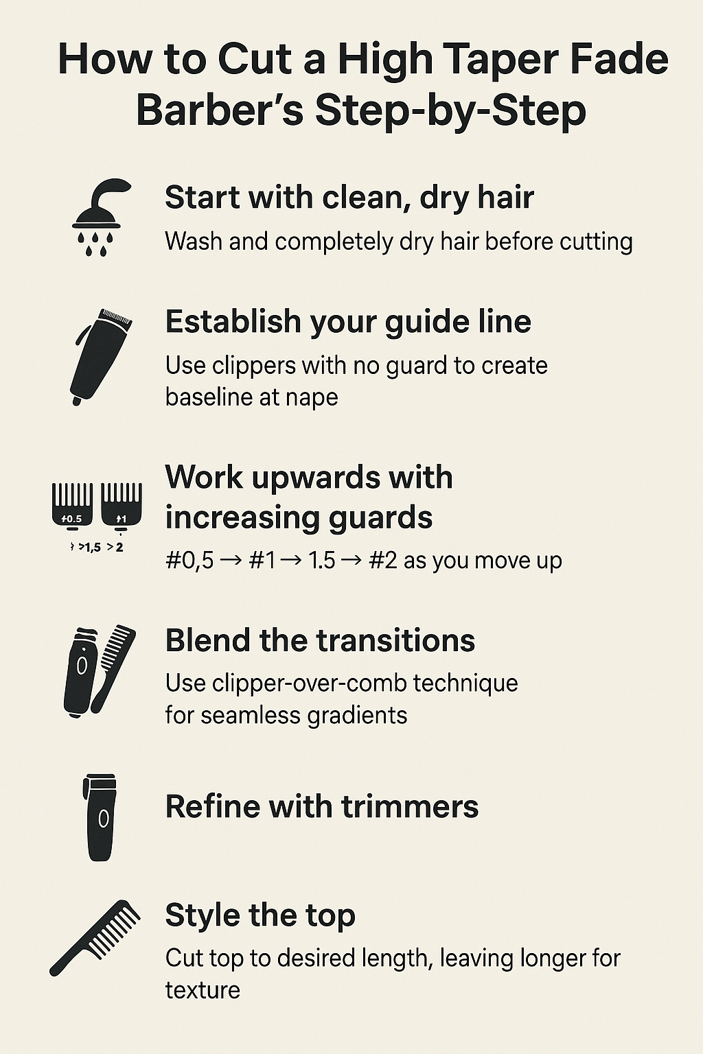 Step-by-step high taper fade cutting process