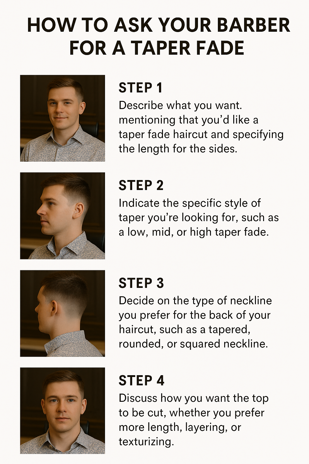 Step-by-step visual guide showing how to ask your barber for a taper fade haircut