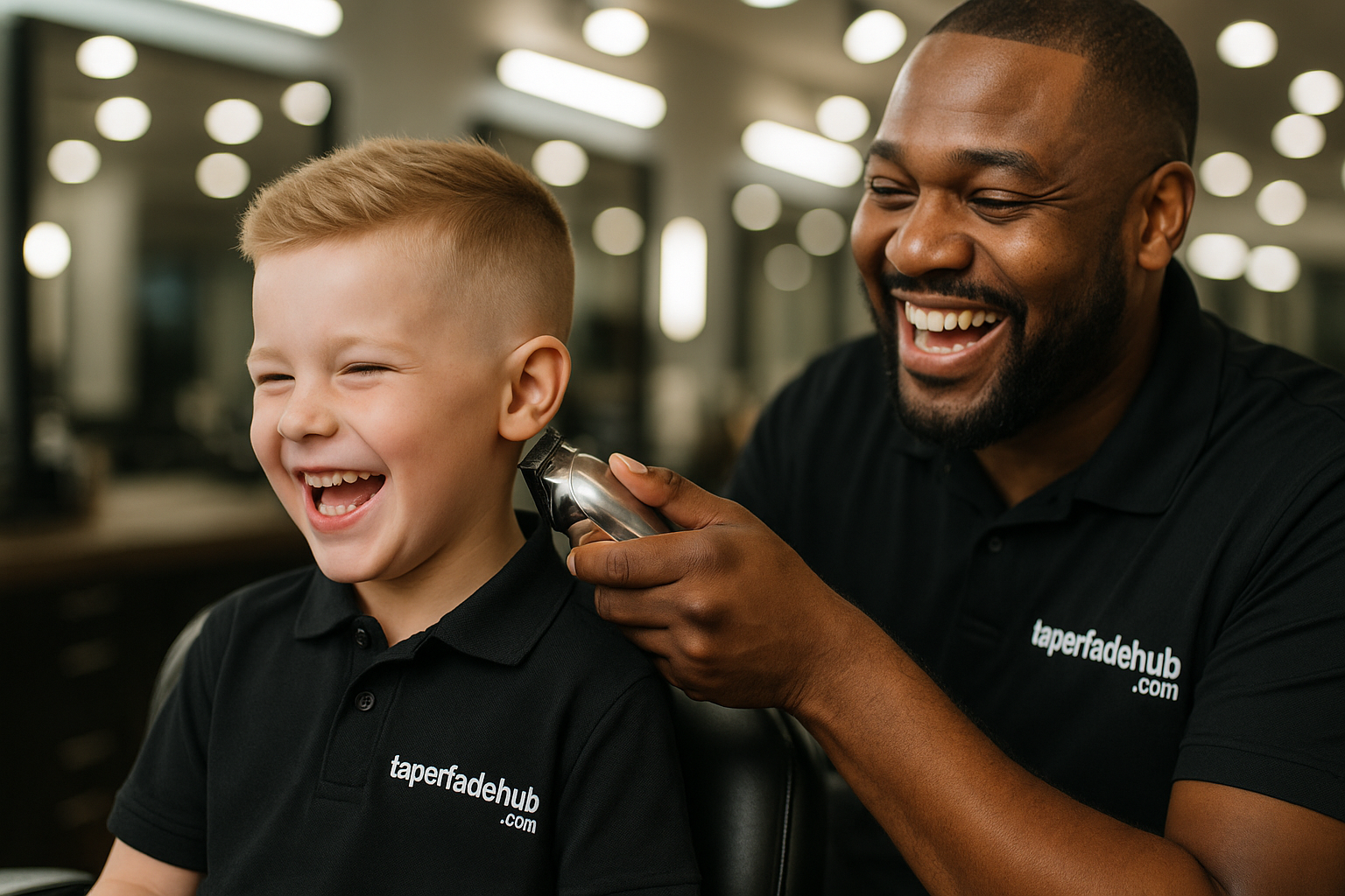 Young boy getting a professional taper fade haircut at barbershop