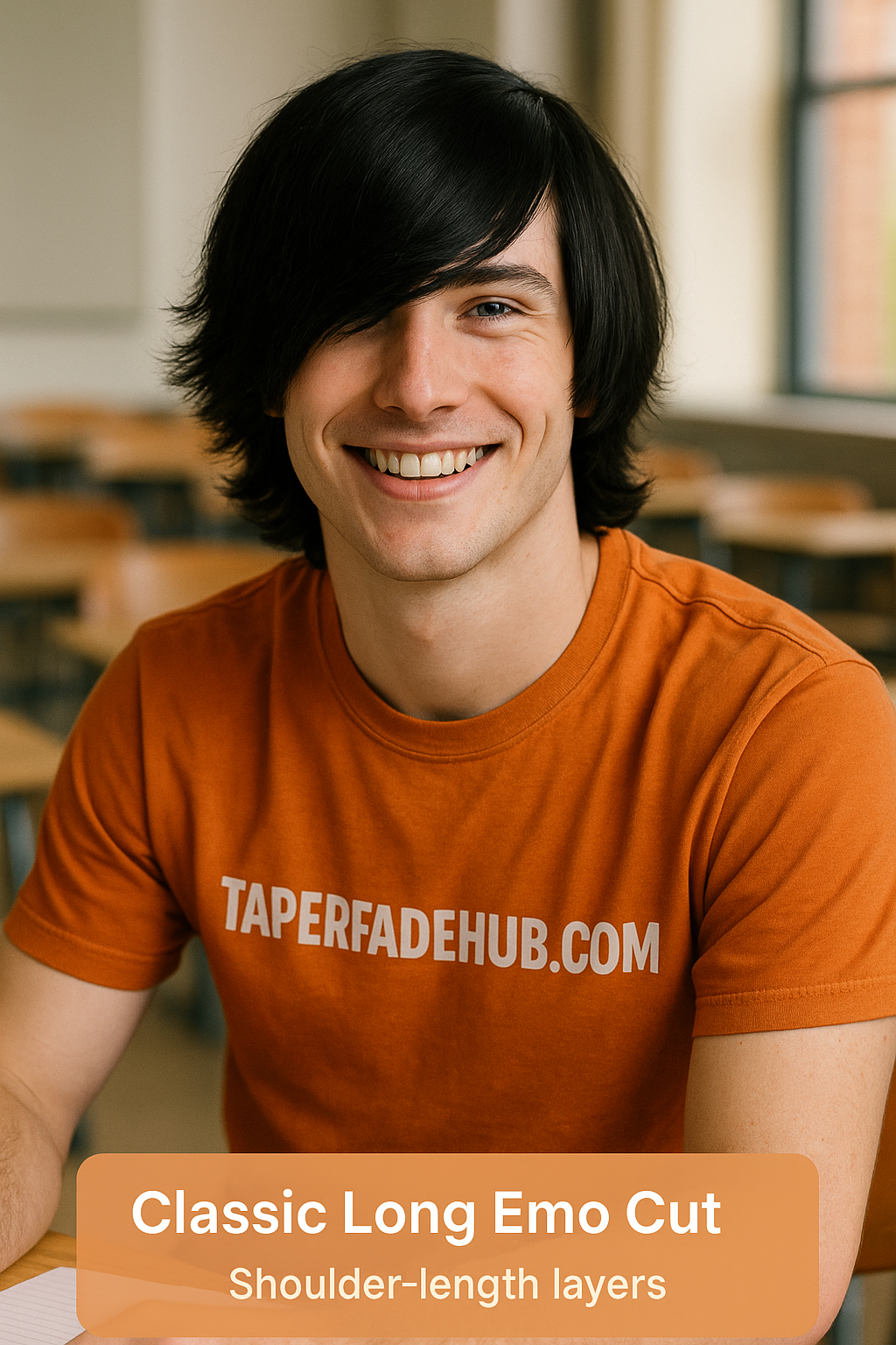 Classic long emo haircut with side-swept bangs covering one eye