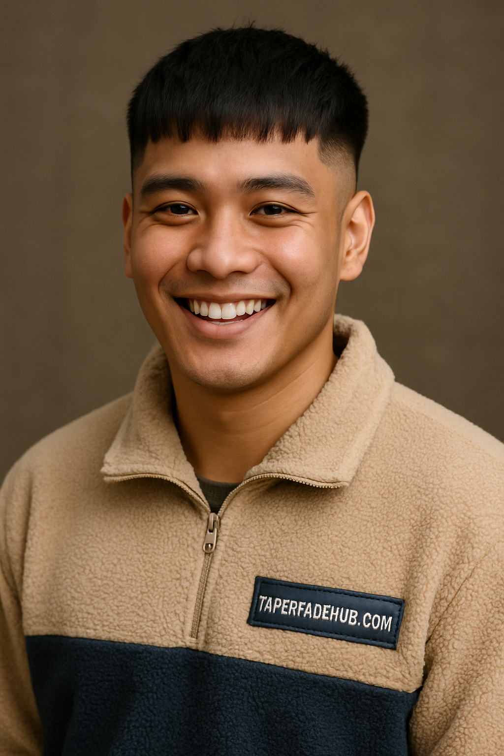 Low taper fade with front fringe - modern cropped bang look