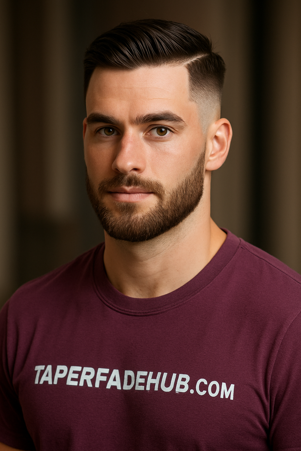 Hard part low taper fade with beard blend for defined facial structure
