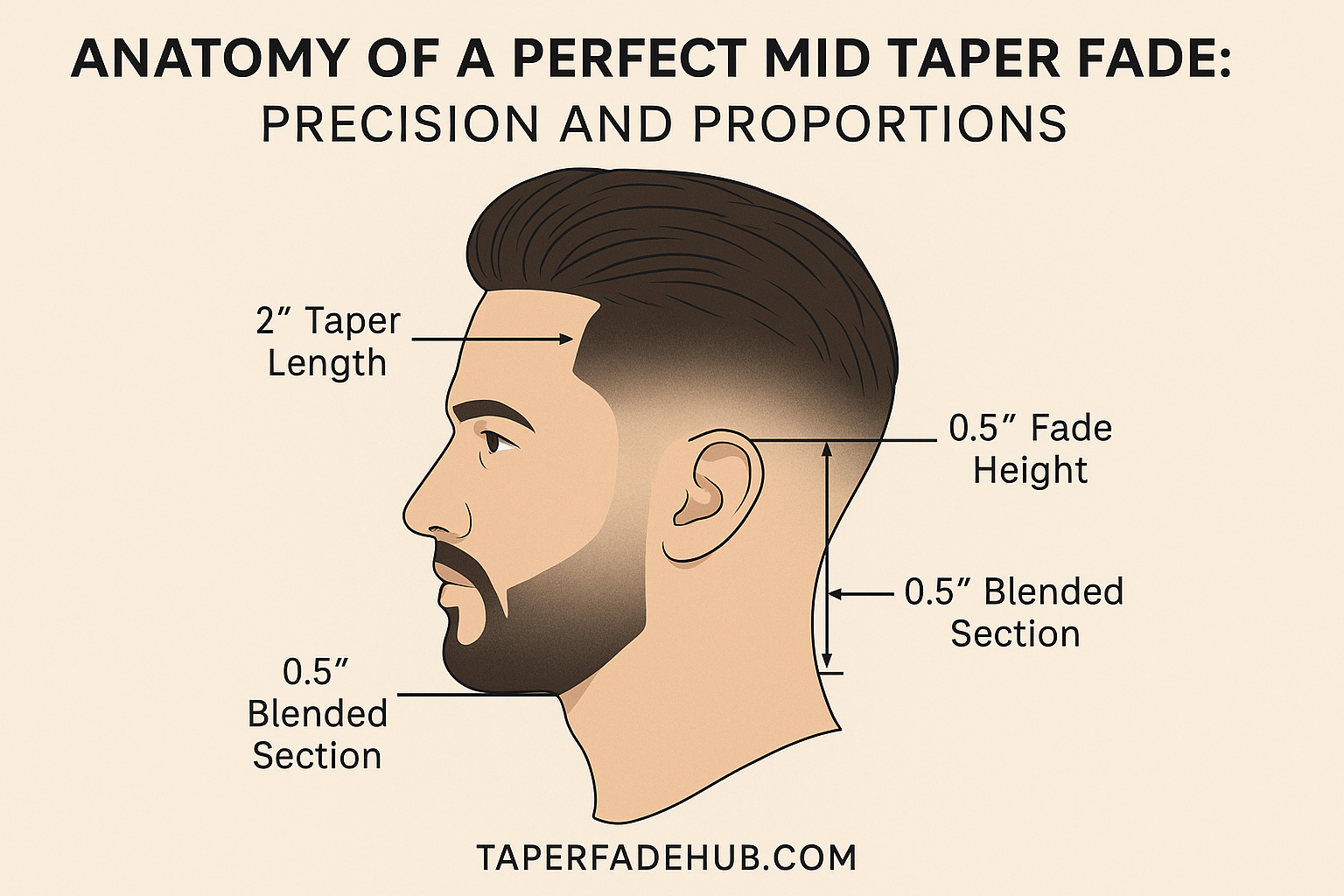 Diagram of a Mid Taper Fade's key sections: mid-point guideline, transition zone, and crown blend