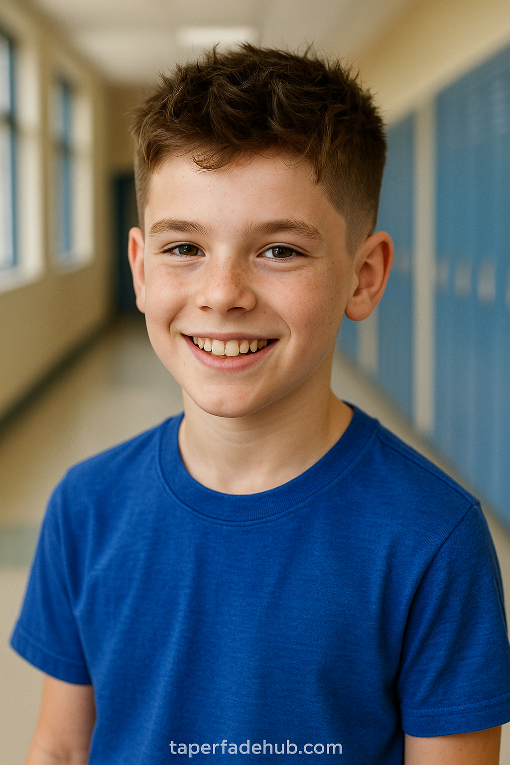 School age boy with mid taper fade haircut