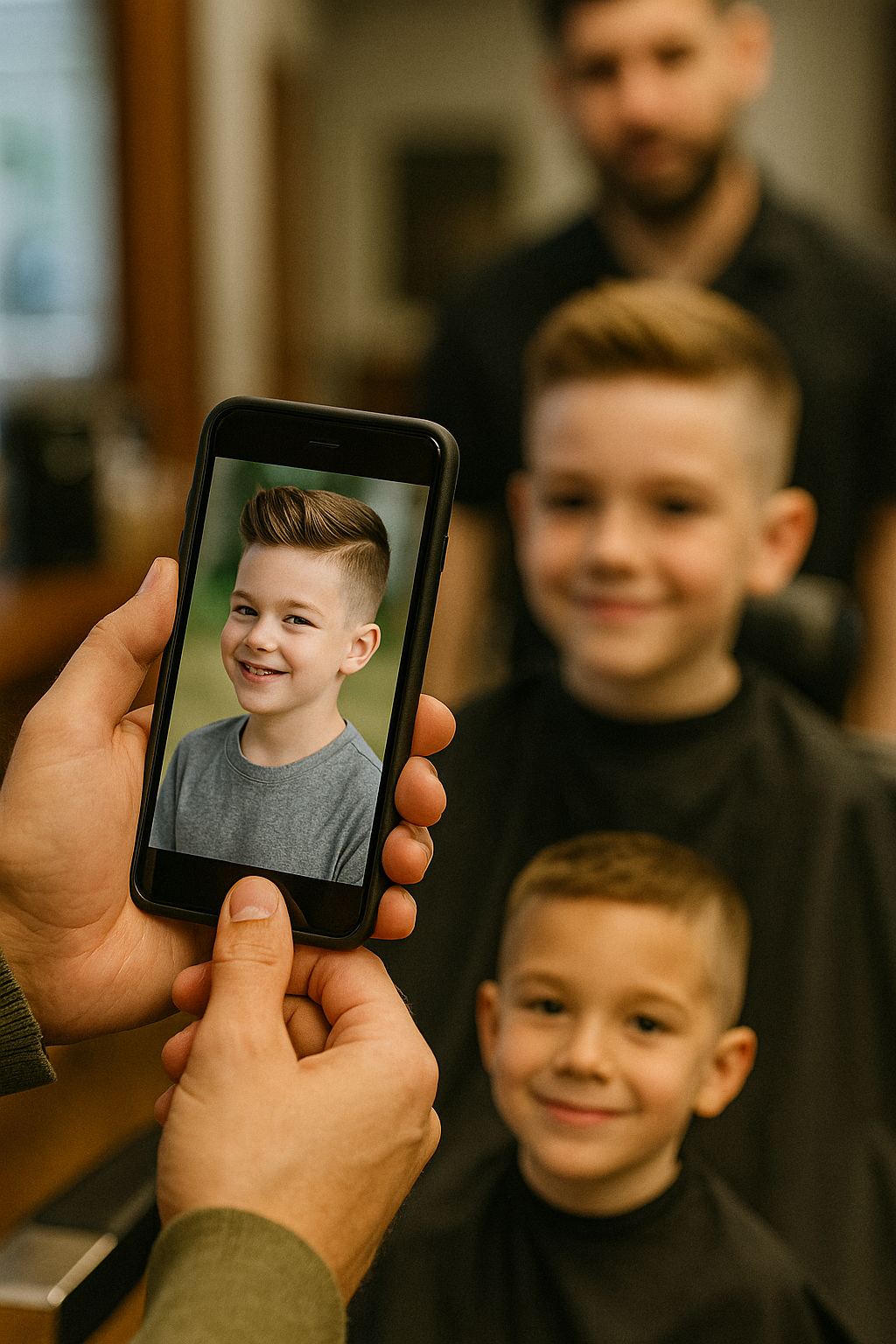 Parent showing barber reference photo on phone