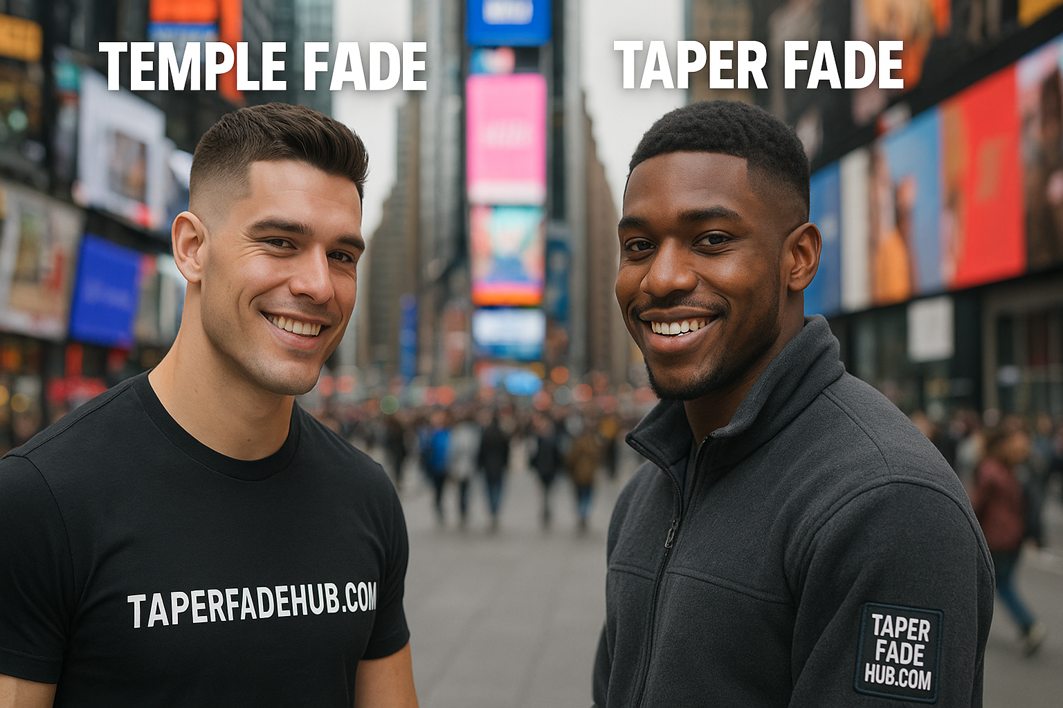Side by side comparison of temple fade and taper fade haircuts